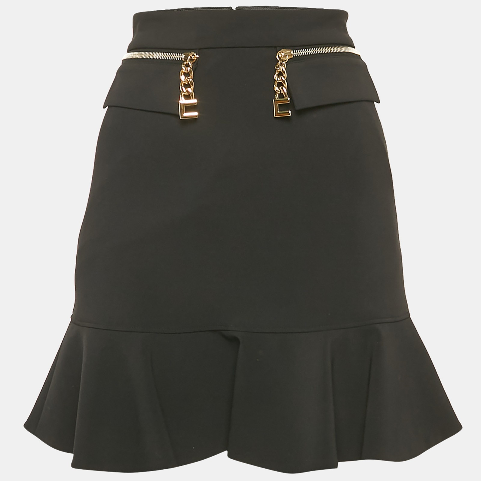 Elisabetta Franchi Black Crepe Mini Skirt with Flounce and Zipper Detail