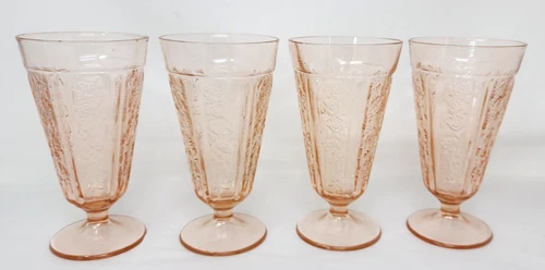 4 Federal Depression Glass Pink Sharon Cabbage Rose 15oz Footed Tumblers 6-3/4"