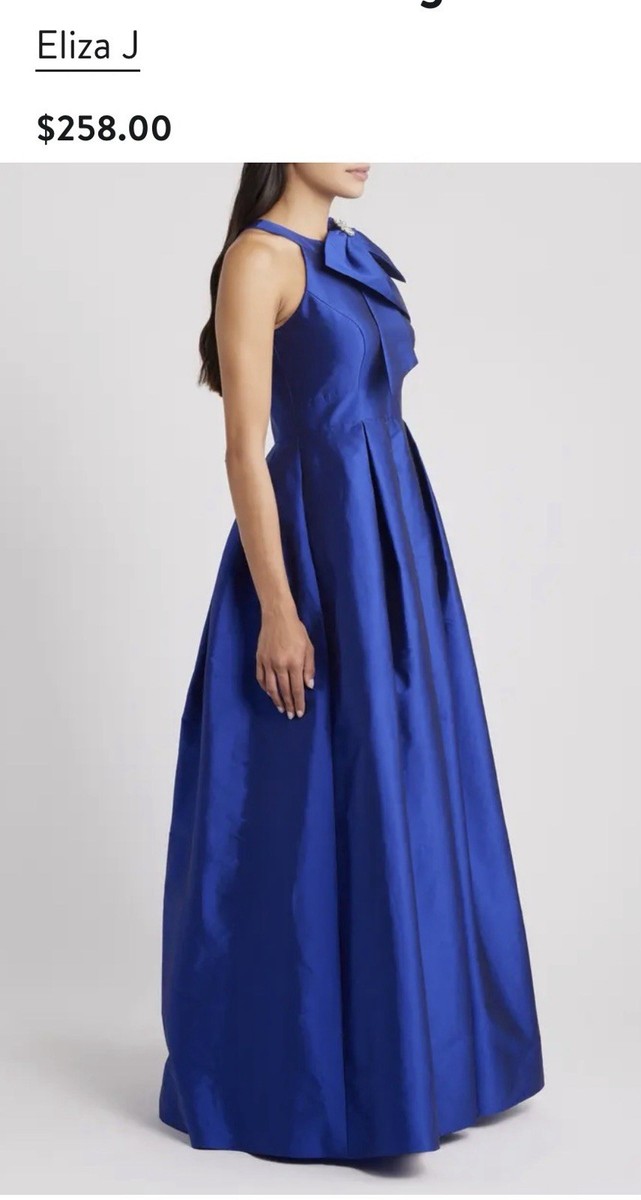 Eliza J Bow-Trim Halter Taffeta Ball Gown Blue Formal Dress in size 12P |  eBay