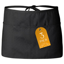 Black Server Waist Aprons 3 Pack Classic Style with 3 Pockets Restaurant New