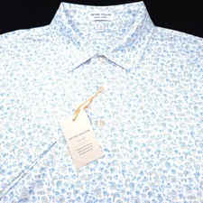 Peter Millar Polo Shirt Golf M White Blue Novelty Print Stretch Summer Comfort