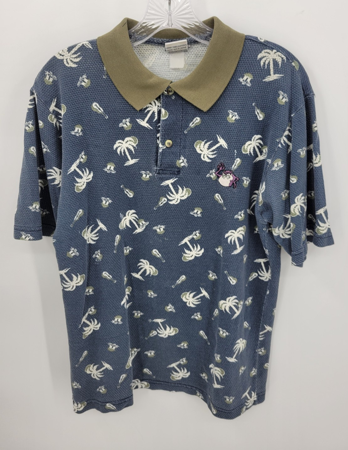Looney Tunes Vintage Taz Shirt Mens Large Blue Hawaiian Polo Y2K 90s Classic