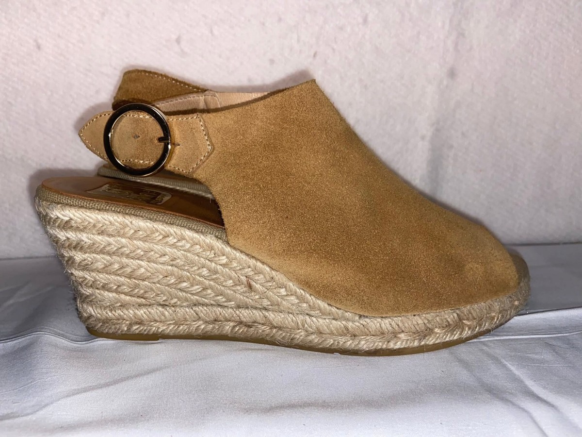 Kanna Beige Suede Leather Espadrille Wedge Sandal Gold Buckle Eu 38 US