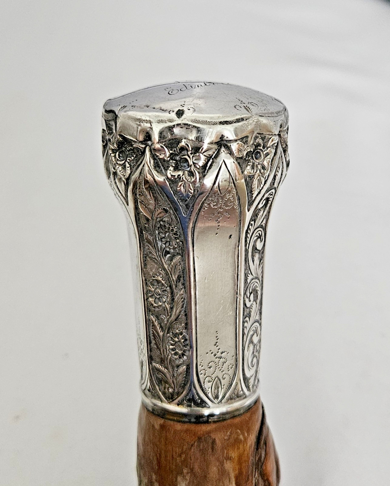 ANTIQUE CHASED SOLID SILVER WALKING STICK - DATED… - image 1