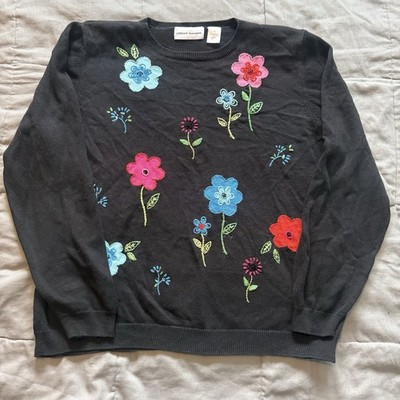 Vintage 90er bestickter Blumen Pullover Alfred Dunner Gr. XL Perlen Landhaus
