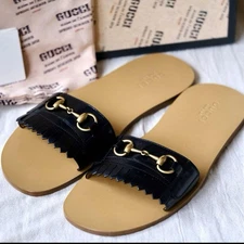 New GUCCI Fringe Kilt Horsebit Leather Sandals Black Size 9 (27.5cm) 