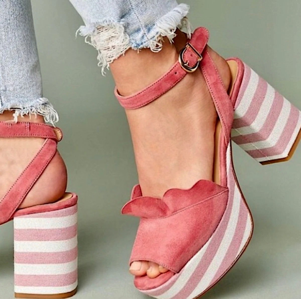 Anthropologie Ruffle Suede Platform Sandal Striped Block Heel Rose Pink 38 8 NEW