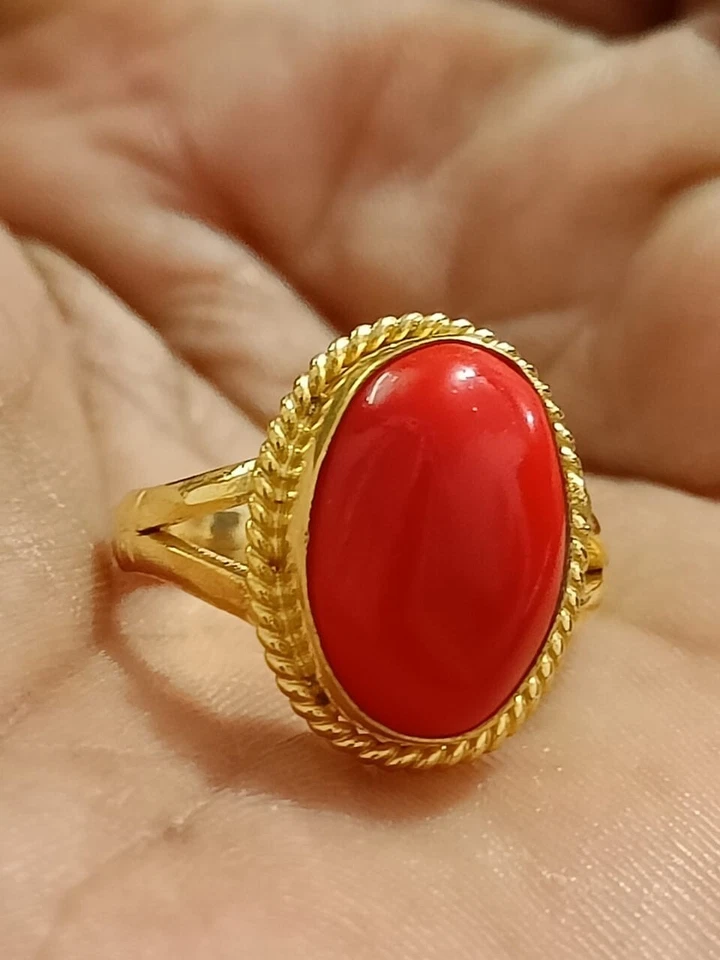 Anillo Coral Italiano Corte Ovalado, Plateado Hecho a Mano Astrología Anillo Ajustable Foto 3 de 4