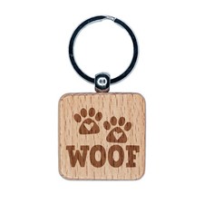 Woof Dog Paw Prints Hearts Love Fun Text Engraved Wood Square Keychain Tag Charm