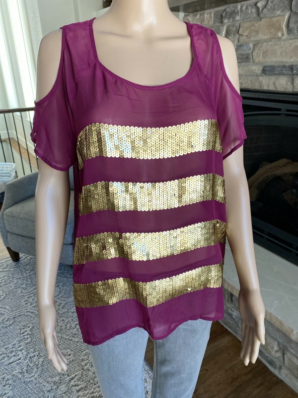 Rock & Republic Size Sm Purple Sheer Cold Shoulder Sequin Top Women's- 009
