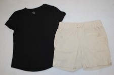 Girls Outfit BLACK V-NECK T-SHIRT Round Hem BEIGE WOVEN SHORTS Pockets S 6-6X