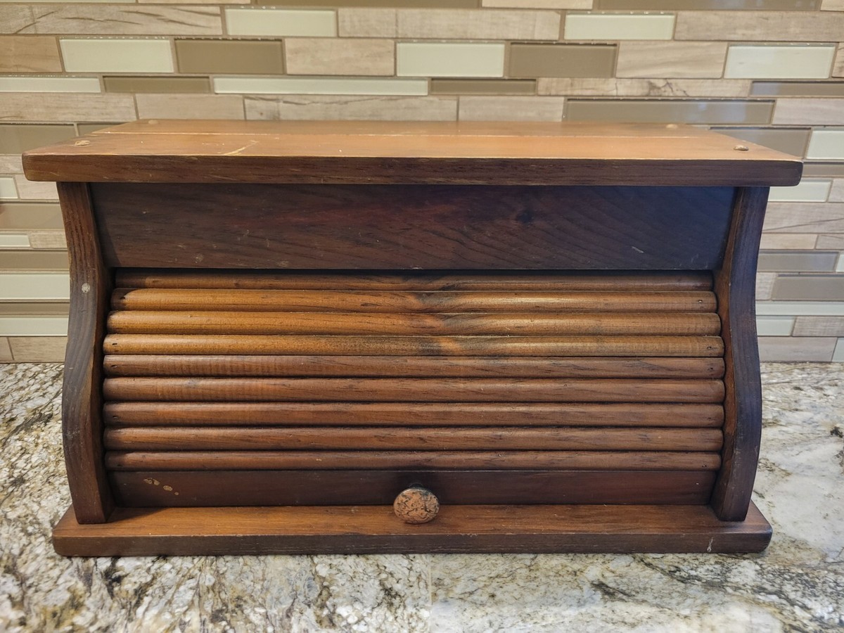 Vintage wooden bread box roll top easy glide , Mid Century 20in x
