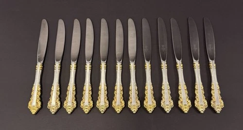 Gorham 1971 Medici 9 1/8" Hollow Knife 925 Sterling Silver & Vermeil Set Of 12