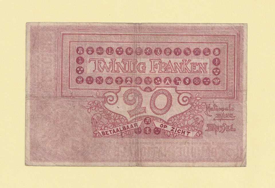 BELGIUM BRUXELLES BANKQUE NATIONALE 20 FRANCS 1919 P-67 F++ BANQUE DE BELGIQE - Image 2 of 2