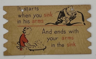 Vintage Wood Postcard Plak IT STARTS WHEN YOU SINK IN HIS ARMS Japan Comedy