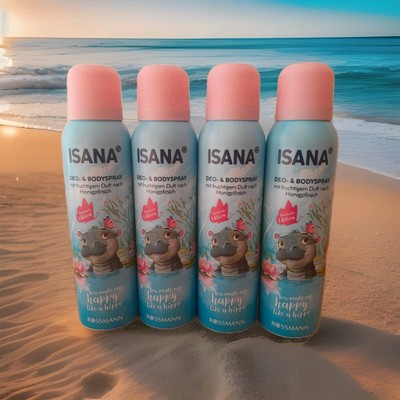 NEU 4x 150ml Isana Deospray Happy like a Hippo mit Duft nach Mango Honigpfirsich