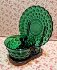 Vintage MCM Anchor Hocking Tea Cup & Saucer Set~Bubble Glass Forest Green~USA