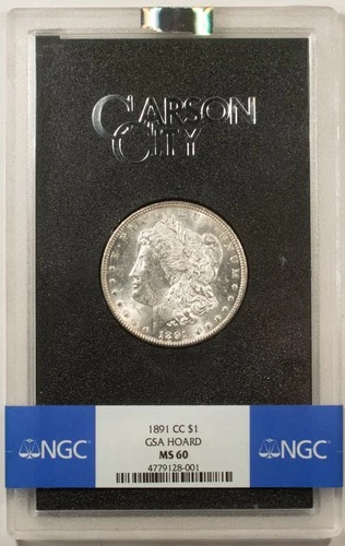 1891-CC $1 MORGAN DOLLAR GSA - NGC MS-60 W/ BOX, TOUGH KEY-DATE CARSON CITY GSA!