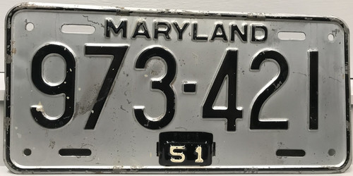 1948 1951 Tab Maryland License Plate 973-421