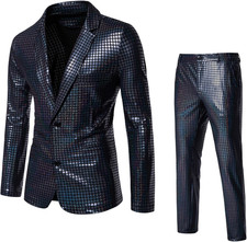 Costume Uomo Matrimonio Due Pezzi Slim Crociato Tessuto Lucido Metallizzato Con 