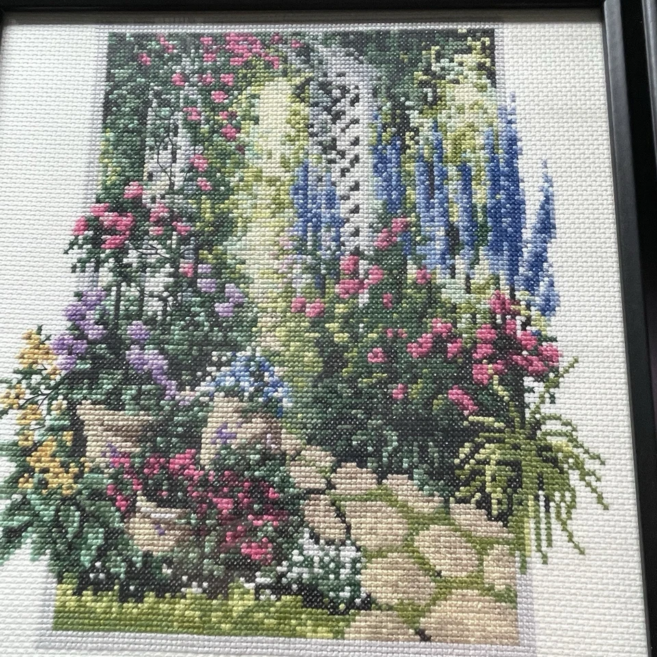 Completed Black 11.5" Frame Glass Floral Trellis Counted Cross Stitch Kit 2588 - Image 3 of 4