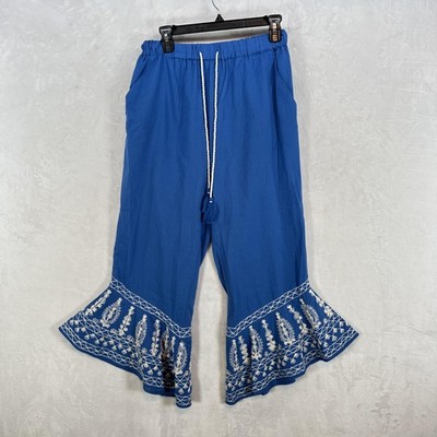 Roller Rabbit Pants Womens Medium Blue Embroidered Flare Cropped Boho Cotton