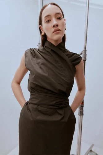 BNWT HARRIS TAPPER Chaimberlain Dress Wrap Midi Nylon Sleeveless Brown Khaki 8