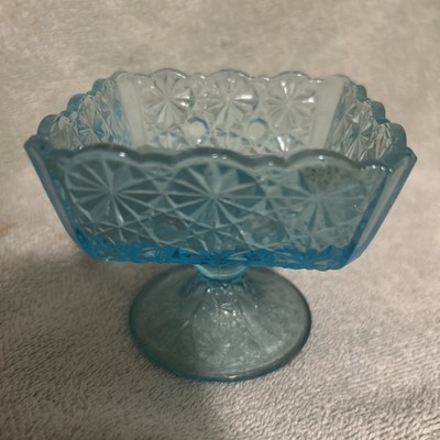 LE Smith Daisy & Button Square Blue Glass Pedestal Candy Dessert Dish/Bowl
