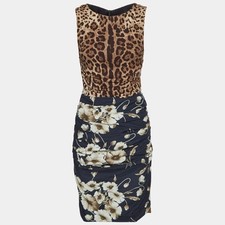 Dolce Gabbana BrownBlack Leopard Floral Print Crepe Dress S