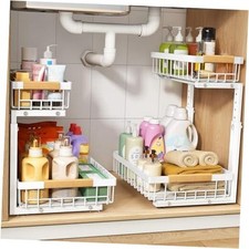 2 Pack Under Sink Organizer,Adjustable Height,2 Tier Pull Out White,2-Pack