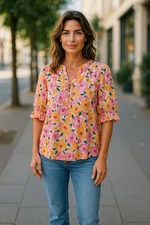 *NWT* PLEIONE vibrant floral Chiffon Blouse,sz XL