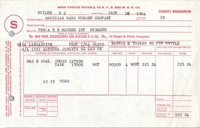 1964 NYS&W Railroad Cashier's Memorandum - Coal Freight Bill Butler NJ