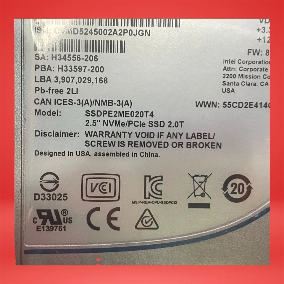 Intel DC P3600 2TB U.2 NVMe Enterprise SSD PCIe 3.0x4 2.5in -SSDPE2ME020T4 - Image 2 of 4