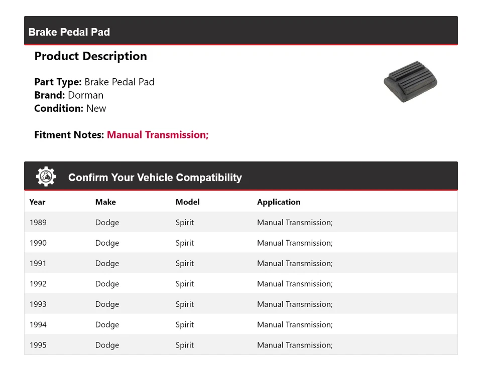 Pastilla de pedal de freno para Dodge Spirit Dorman 1989-1995 1990 1991 1992 1993 1994 Foto 2 de 4
