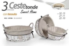 3 CESTINI VIMINI TONDI CON MANICI BIANCO CUCINA BAGNO SALOTTO CUCITO SWEET