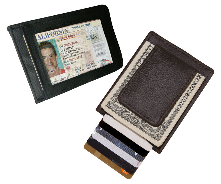 【NS 】 Brown Leather Strong Magnetic Money Clip Thin Front Pocket ID