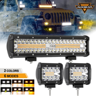 AUXBEAM 12'' & 4'' LED Light Bar White/Amber 6 Modes Strobe Offroad Truck SUV Boat