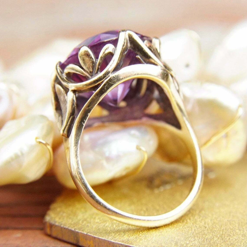 Коктейльное кольцо с одним аметистом покрытое желтым золотом 4 карата 14 карат - Изображение 2 из 4