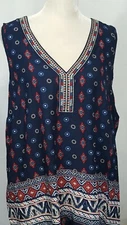 Signature Studio Womens Blouse 1X Blue Red V Neck Embroidered Border Print