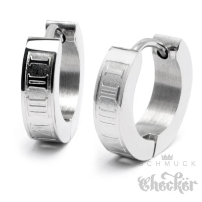 Edelstahl Herren Ohrringe Klapp-Creolen silber schmal Römische Zahlen 13mm Ø
