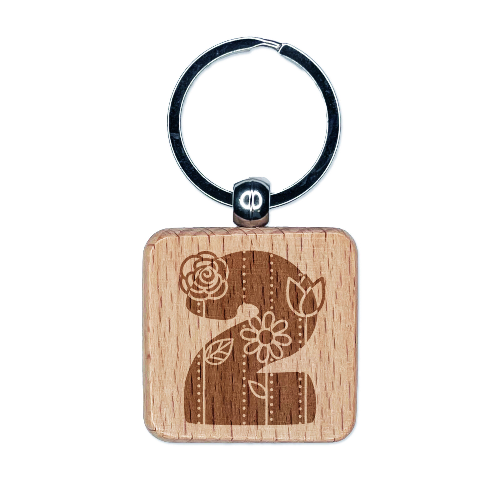 Sweet Cute Floral Wooden Block Number 2 Square Keychain