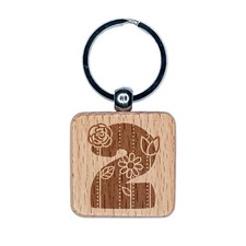Sweet and Cute Flowers Rounded Block Number 2 Two Engraved Wood Square Keychain