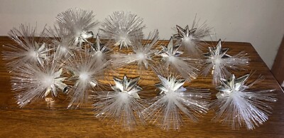 Vintage Set of 14 Plastic Silver Star w/Spun GlassStarburst Light Covers