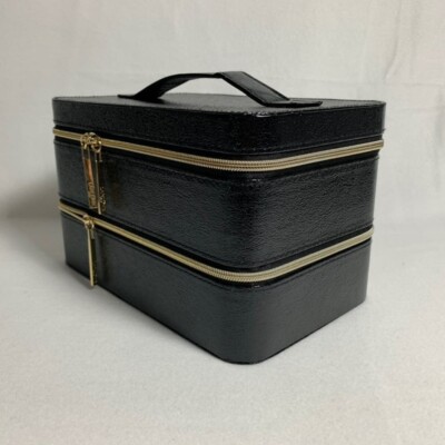 New Lancome Black Makeup Train Case Compartments Zipped Cosmetic Bag  Organizer