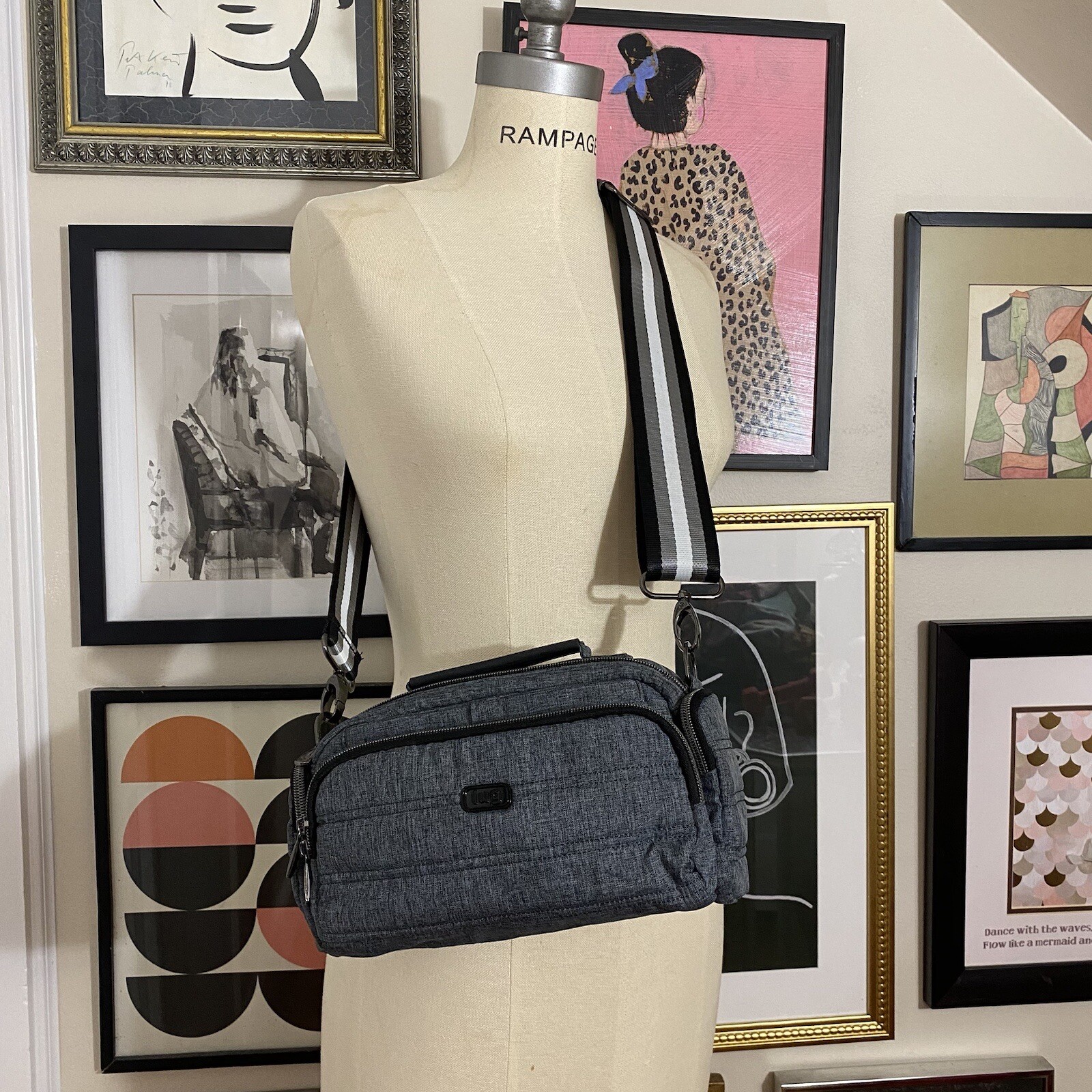 Lug Trolley CB crossbody streetcar gray w/ striped removable strap RFID