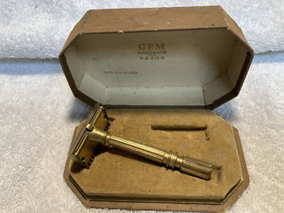 VINTAGE GEM Micromatic Safety Razor in Box, No. 10, Gold Tone, Brass.
