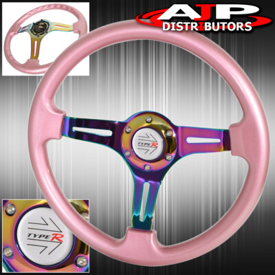 Universal 350mm 6 Bolt Hole Pink Steering Wheel Neo Chrome Deep Dish Typer