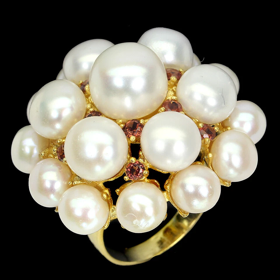 Anillo de plata de ley 925 perla redonda 10 mm granate mozambique piedras preciosas joyería Foto 3 de 4