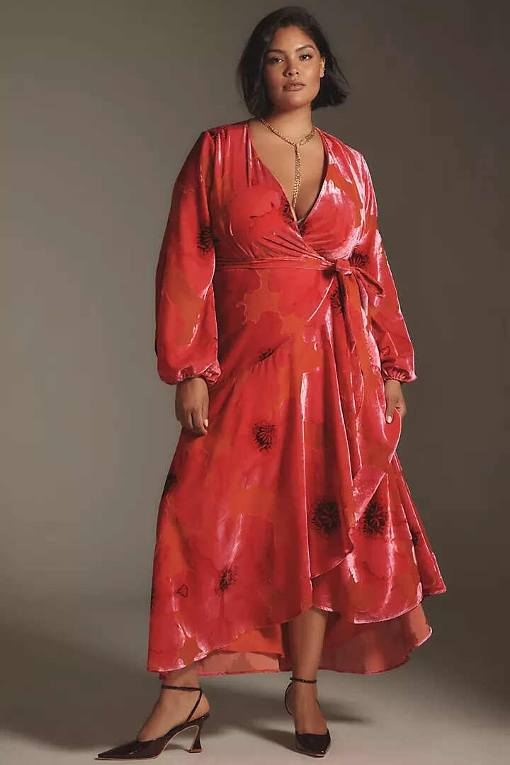 New Anthropologie Hutch Long-Sleeve V-Neck Wrap Midi Dress Velvet Pink Red  2X