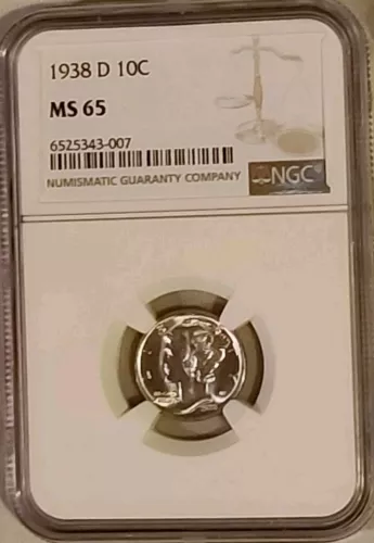 VINTAGE 1938-D MERCURY DIME NGC MS-65 GRADED A REAL RARITY & BEAUTY